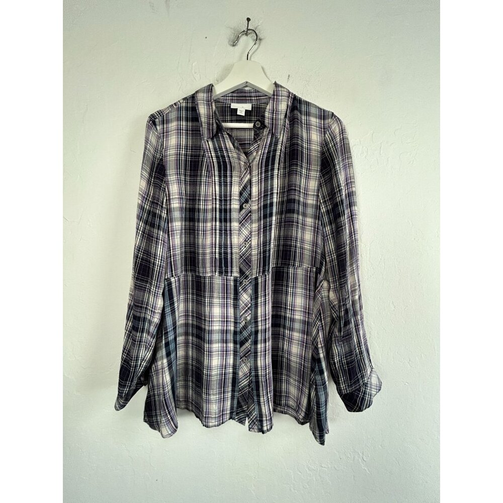 J. Jill Womens Medium Petite Plaid Button-Down Tunic Top Purple Long Sleeve